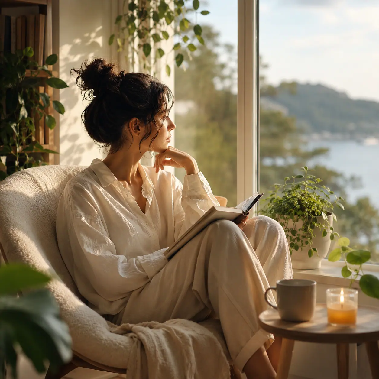 A woman reading book wondering about how to change life when feeling stuck in life.