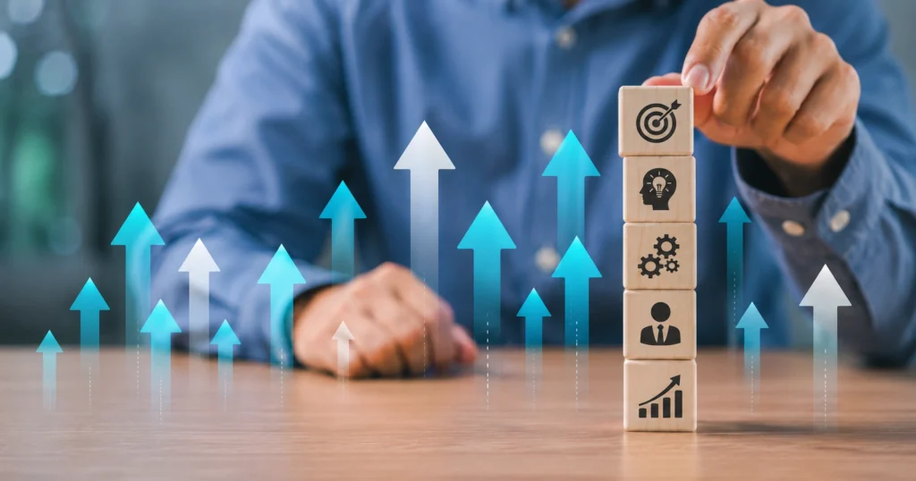 find the right Career growth concept showing a professional building skills and progressing toward career goals