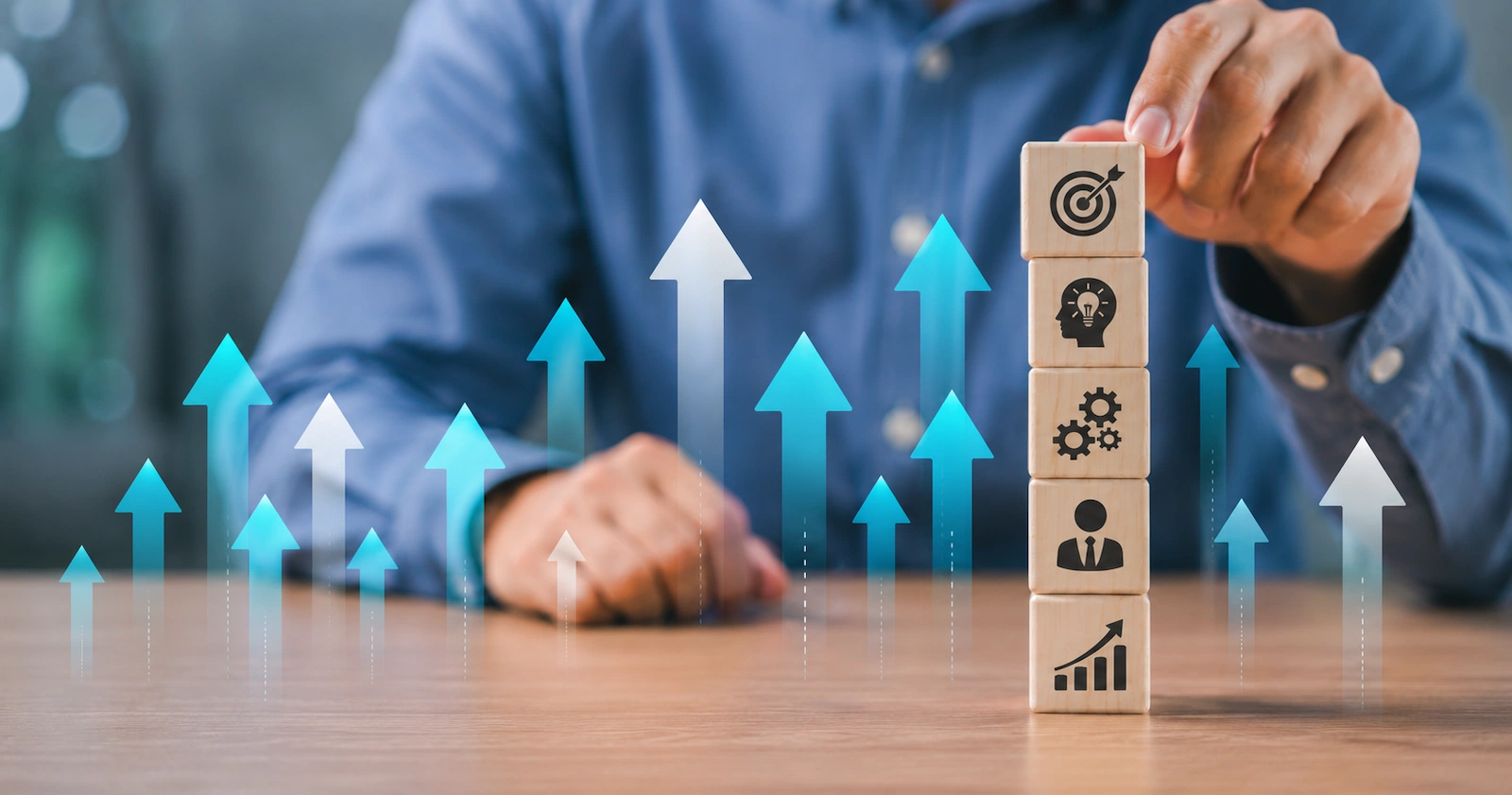 find the right Career growth concept showing a professional building skills and progressing toward career goals