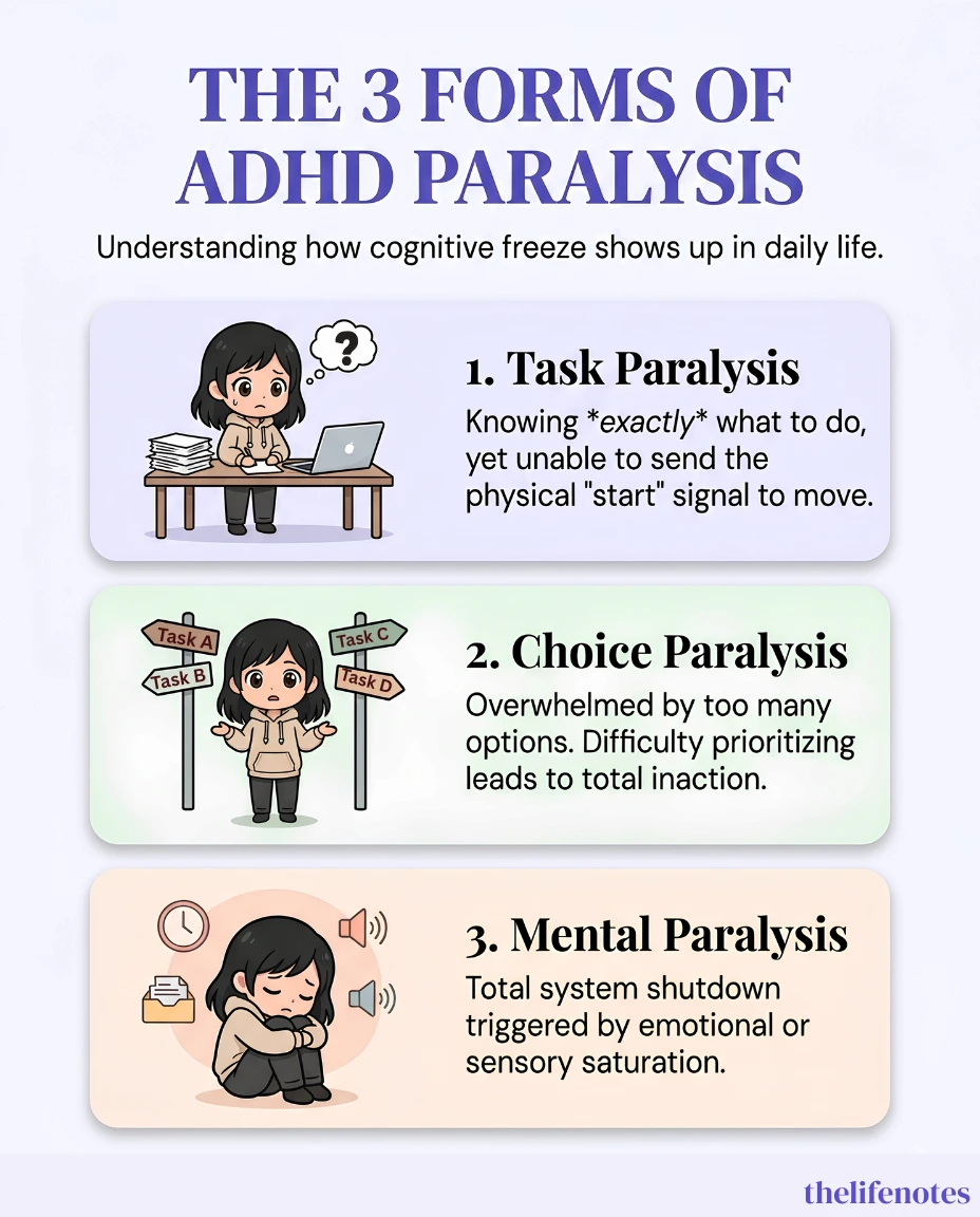 Infographic illustrating the 3 forms of ADHD paralysis: Task Paralysis, Choice Paralysis, and Mental Paralysis, featuring The Life Notes mascot mindy.