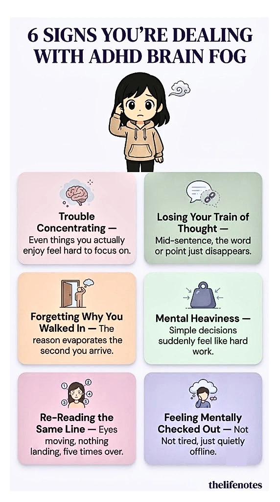 Infographic listing 6 signs of ADHD brain fog 