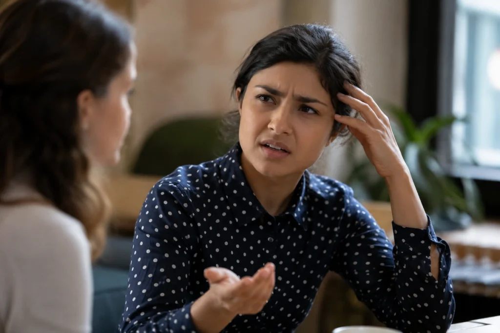 Woman struggling to find her words during a conversation, illustrating ADHD brain fog and focus difficulties