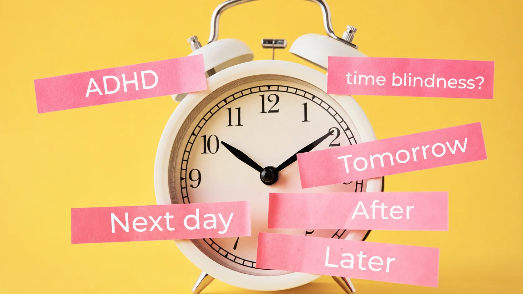 Alarm clock surrounded by notes reading ADHD, time blindness, tomorrow, next day, after, and later, illustrating ADHD time blindness and procrastination