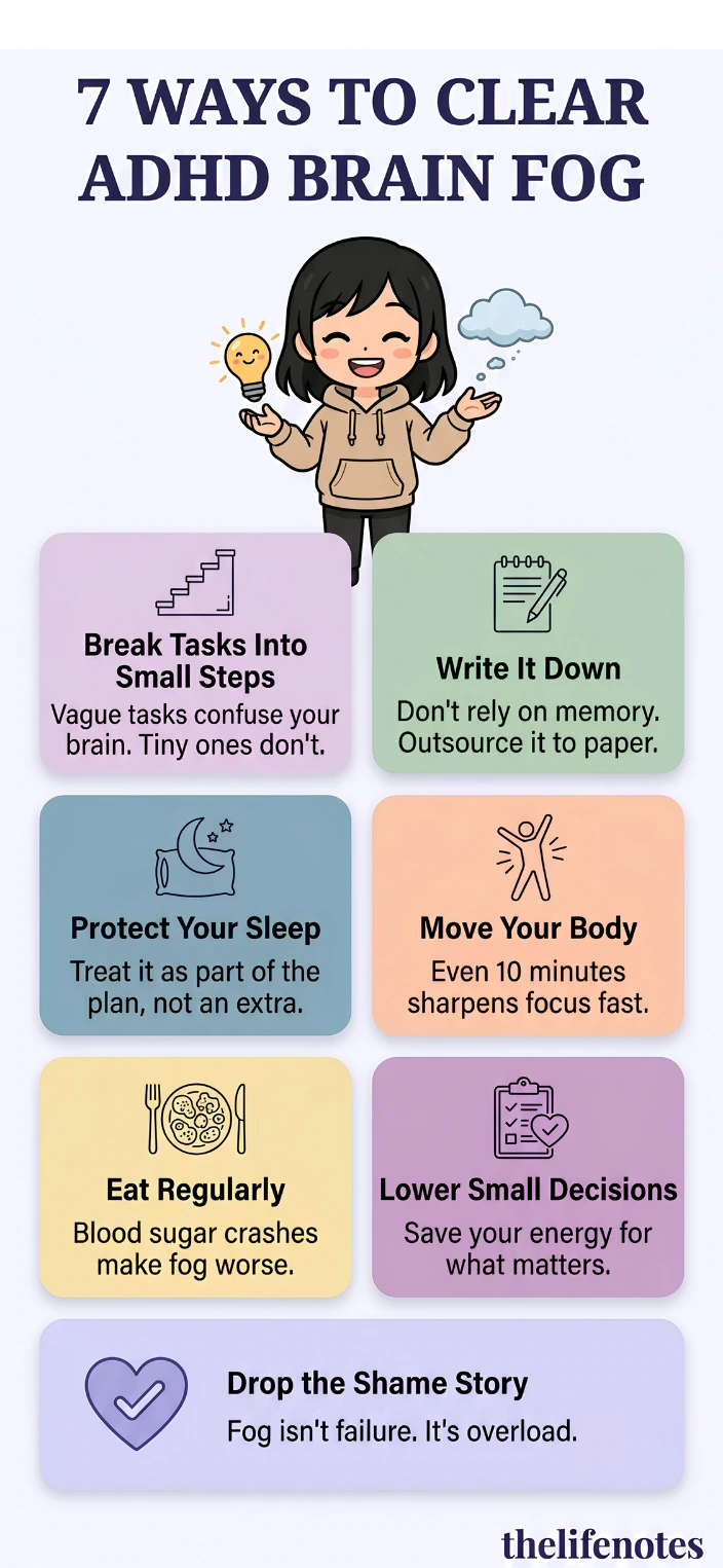 `Infographic displaying 7 strategies to clear ADHD brain fog with a character holding a lightbulb.
