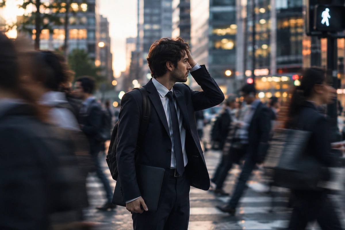 Man in a suit standing still at a busy city intersection while blurred commuters move around him with ADHD Career Anxiety thinking What If I Choose the Wrong Career?