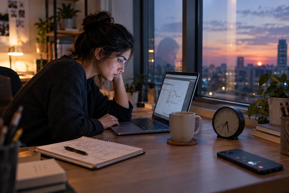 Person experiencing ADHD hyperfocus at work while deeply focused on a laptop, with a clock showing the passage of time and signs of a long work session.