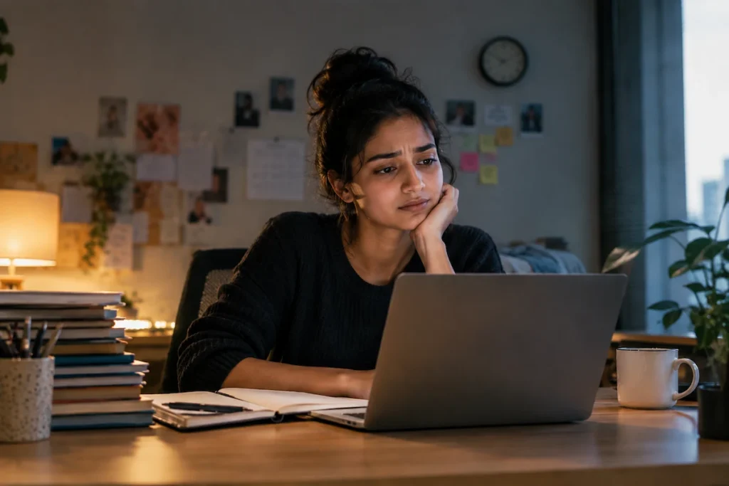 Person working calmly while experiencing high-functioning anxiety and mental exhaustion.