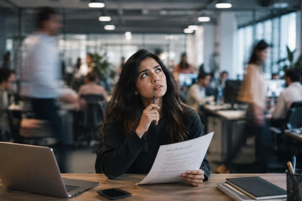 Professional woman sitting in a busy office and thinking about her career while holding her resume